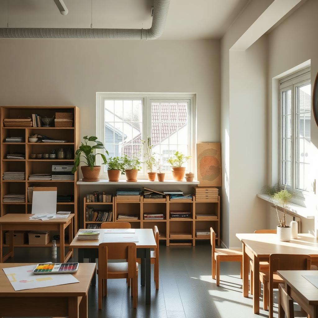 A bright, plant-filled classroom with warm wooden child-sized furniture